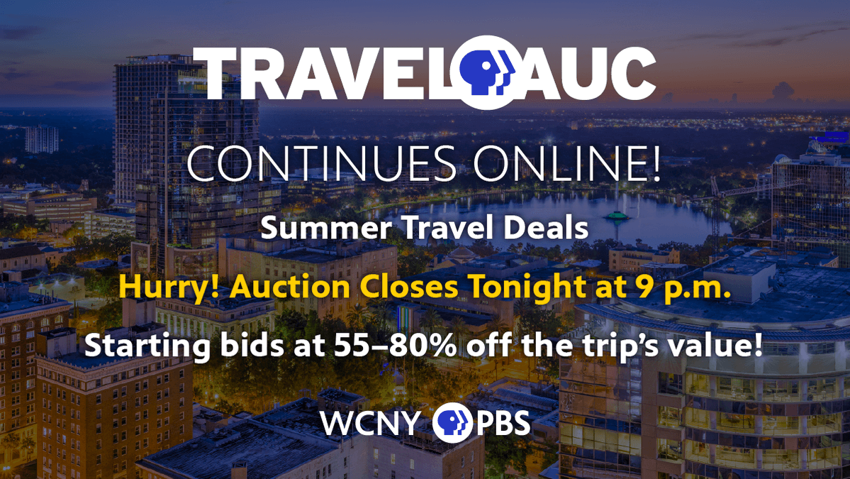 WCNYPBS's tweet image. ⌛ Last chance to bid or "Buy It Now" and snag amazing travel deals!
WCNY's #TravelAuc Online closes TONIGHT at 9 p.m. Browse trips and save 55–80% on your next vacation!
Don't miss out 👉 bit.ly/3Aq7ILR
#WCNY #TravelAuc #TravelDeals #Vacation #Getaways #Trips #Summer