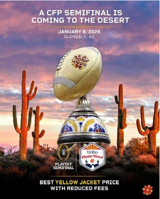 andyjshultz's tweet image. The @vrbo @Fiesta_Bowl is hosting a @CFBPlayoff semi-final @StateFarmStdm on Jan. 8, 2026 & you can be part of it!
🎟️ Exclusive Yellow Jacket pricing + reduced fees. DM me or use the link below to lock-in your tickets before prices increase. @BowlSeason
seatgeek.com/fiesta-sports-…