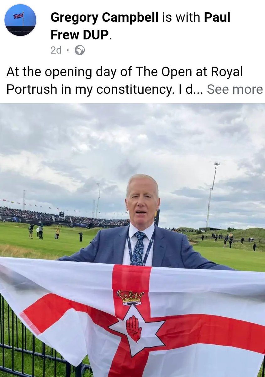 A politican who held onto his seat by the skin of his teeth, who had nothing to do with the Open coming to Portrush, who doesn't even live in "his constituency, standing waving a flag that was obsolete 50 years ago 
👍