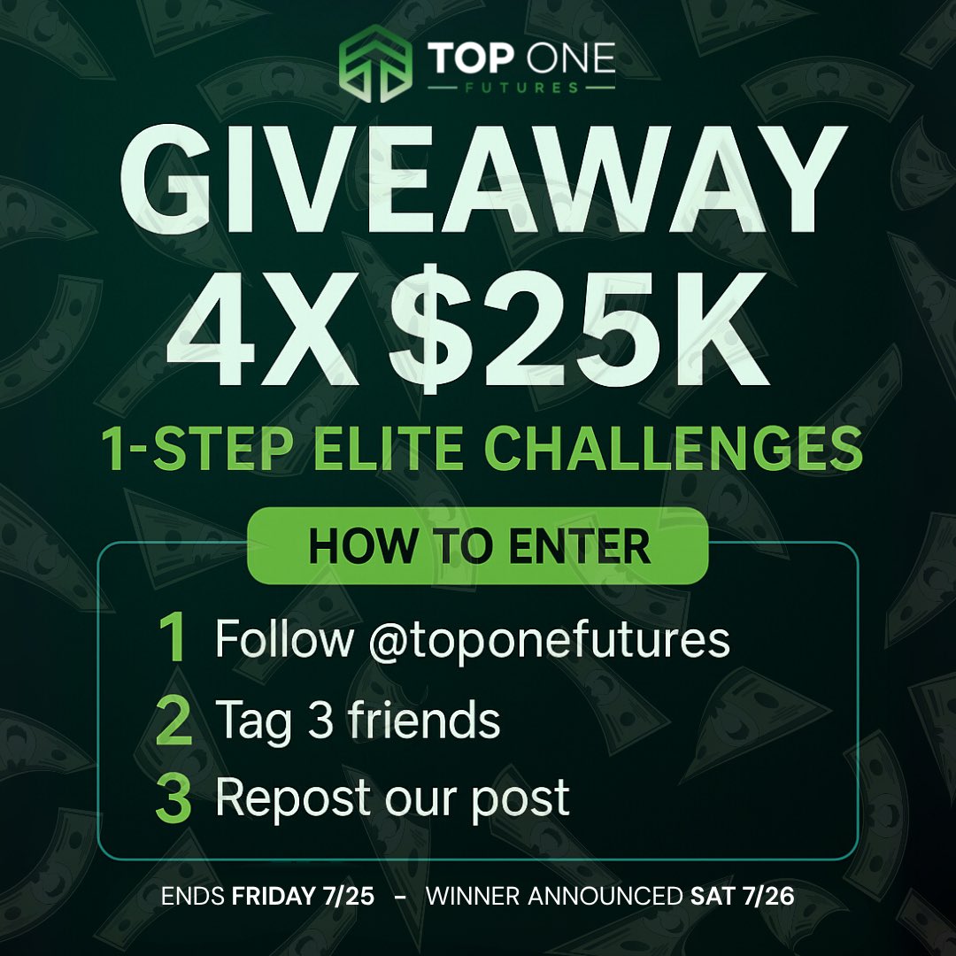 🚨 GIVEAWAY TIME 🚨
We’re giving away 4x $25K 1-Step Elite Challenges 💥

How to enter:
✅ Follow <a href="/TopOneFutures/">TopOneFutures</a>
✅ Tag 3 friends
✅ Repost this post

⏳ Ends Friday
🎉 Winners announced Saturday

Don’t miss your shot to trade with a $25K account, on us. 💸