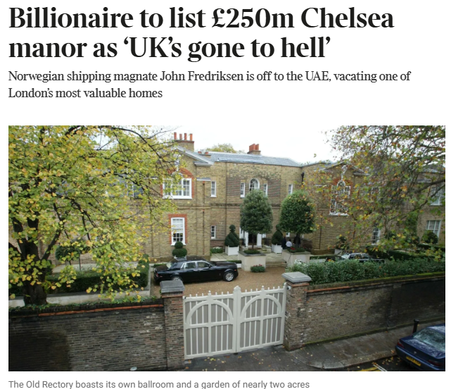 Over a dozen domestic staff have been laid off as shipping baron John Fredriksen moves from London to UAE. Now his house is for sale.

Nom-doms like John "have little choice due to the prospect of all their global assets being subject to UK IHT,” said John Waters of Robert Bailey