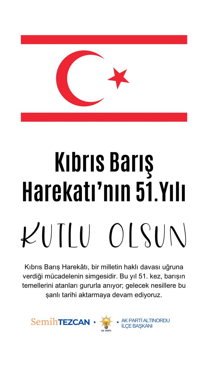 Kıbrıs Barış Harekâtı'nın 51'inci yıl dönümünde aziz Şehitlerimizi rahmet ve minnetle, kahraman Gazilerimizi şükranla anıyoruz.🇹🇷
#KıbrısBarışHarekâtı