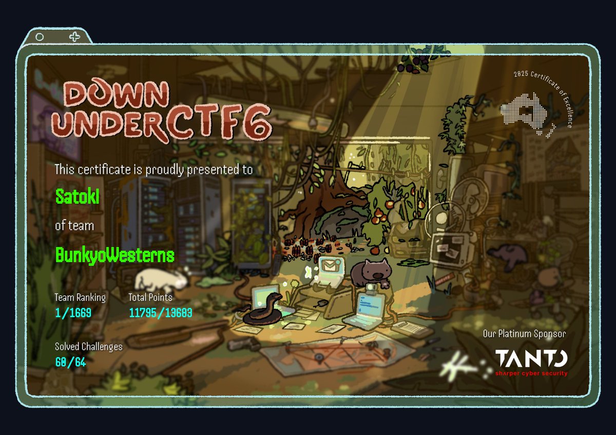 satoki00's tweet image. DownUnderCTF 6はチームで世界1位🚩