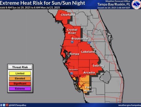WeatherProf's tweet image. Good morning folks!! Once again extreme heat is expected today A heat advisory is in effect. Mid 90s for highs, with feels like temps around 110.
Try not to melt!! @WFLA