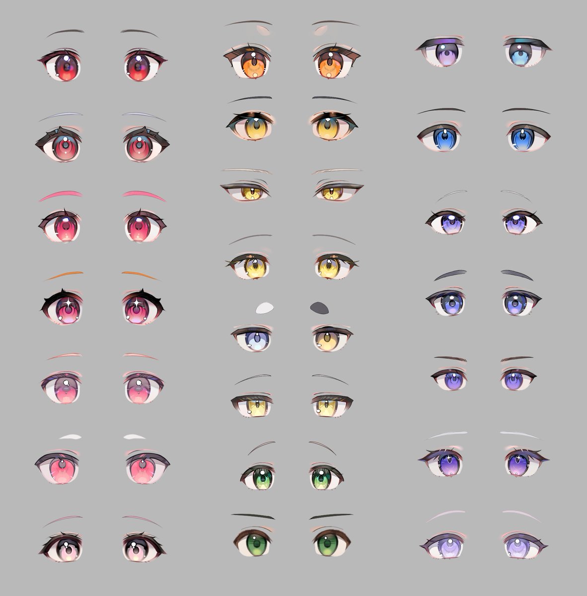 なんとなく目も並べてみましたが、カラフルだ・・・！
目もそうですが、眉毛にも個性がありますね！！

どの目がだれだかわかったらすごいかも。