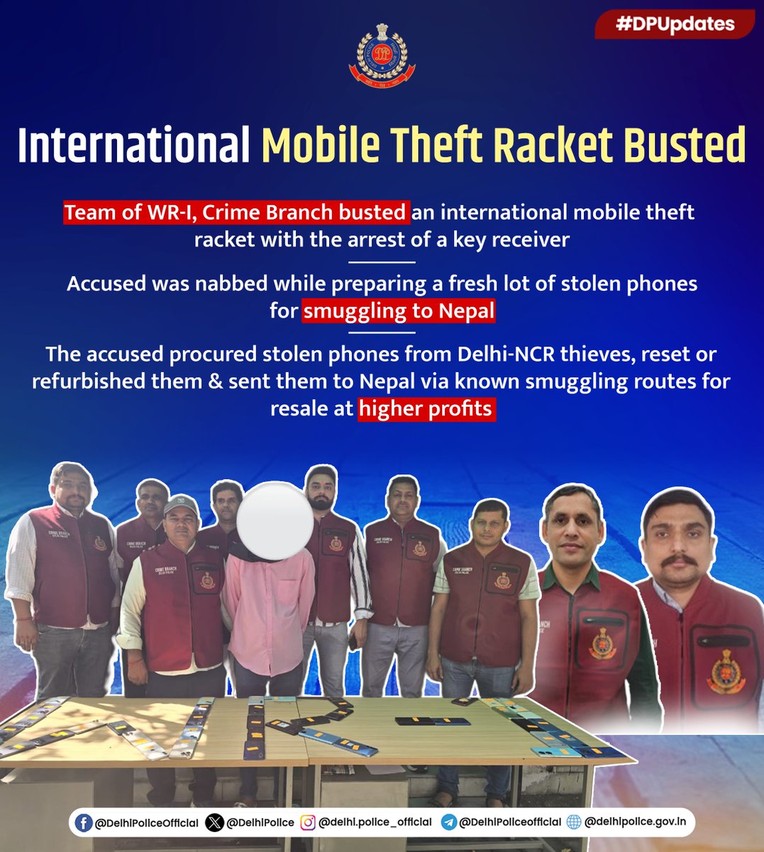 Delhi Police (@delhipolice) on Twitter photo Team of <a href="/CrimeBranchDP/">Crime Branch Delhi Police</a> busted an international mobile theft racket with the arrest of a key supplier from Karol Bagh.
Acting on a tip-off, a raid was conducted, leading to the recovery of 42 high-end smartphones, including 16 iPhones. The accused sourced stolen phones from Team of <a href="/CrimeBranchDP/">Crime Branch Delhi Police</a> busted an international mobile theft racket with the arrest of a key supplier from Karol Bagh.
Acting on a tip-off, a raid was conducted, leading to the recovery of 42 high-end smartphones, including 16 iPhones. The accused sourced stolen phones from