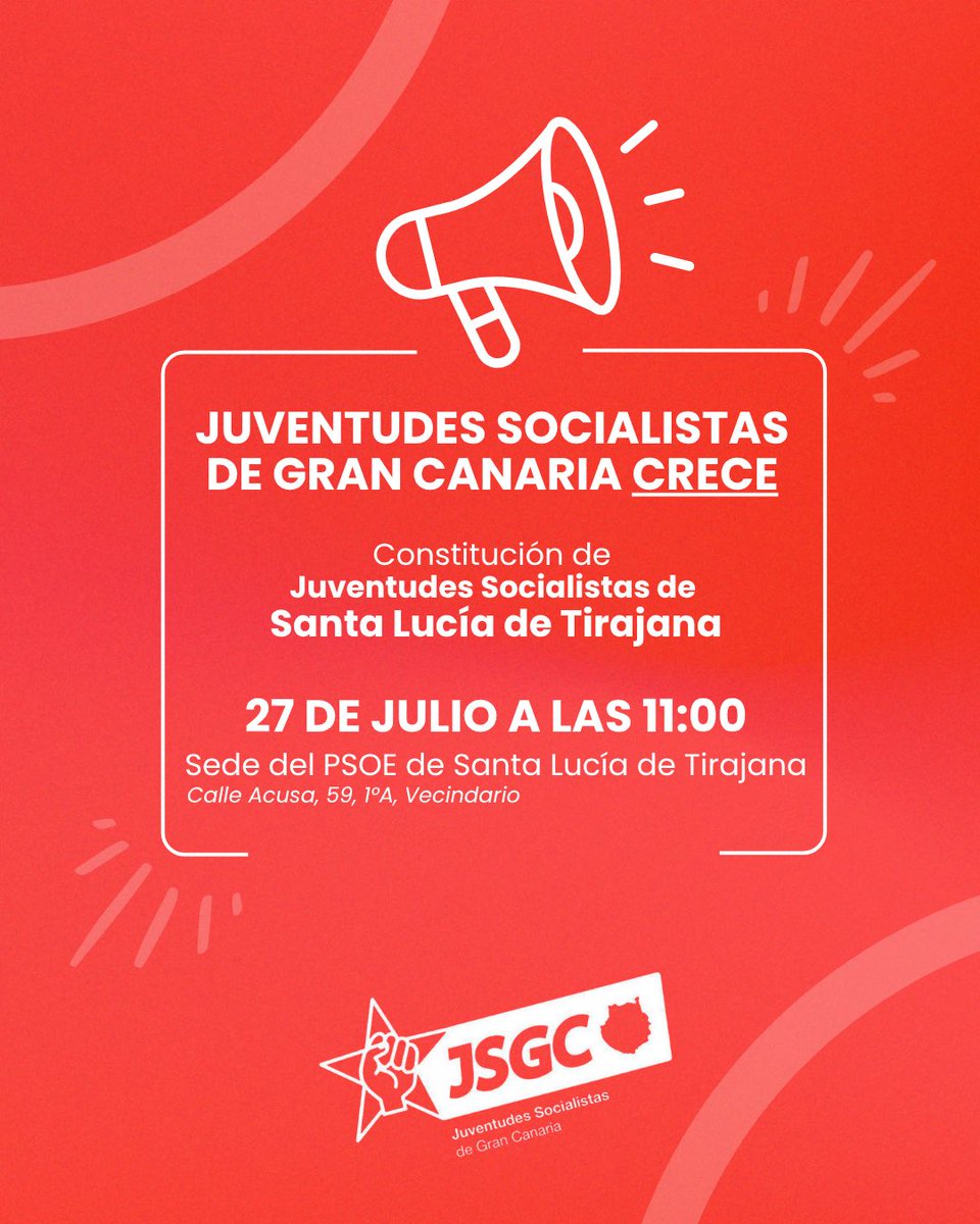 🟥 Juventudes Socialistas de Gran Canaria crece.
📍 El próximo 27 de julio a las 11:00h, damos un nuevo paso: nace la Agrupación de JSGC en Santa Lucía de Tirajana.
📌 Te esperamos en la sede del PSOE del municipio para formar parte de este momento histórico.