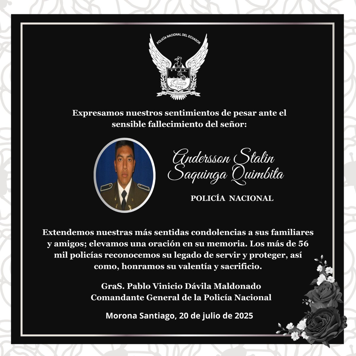 CmdtPoliciaEc's tweet image. Esta madrugada, lamento informar la muerte de nuestro compañero Policía Andersson Saquinga, quien se encontraba dirigiéndose a su lugar de trabajo y perdió la vida en un accidente de tránsito en #MoronaSantiago.
Esta pérdida nos deja un vacío inmenso en todas las damas y…