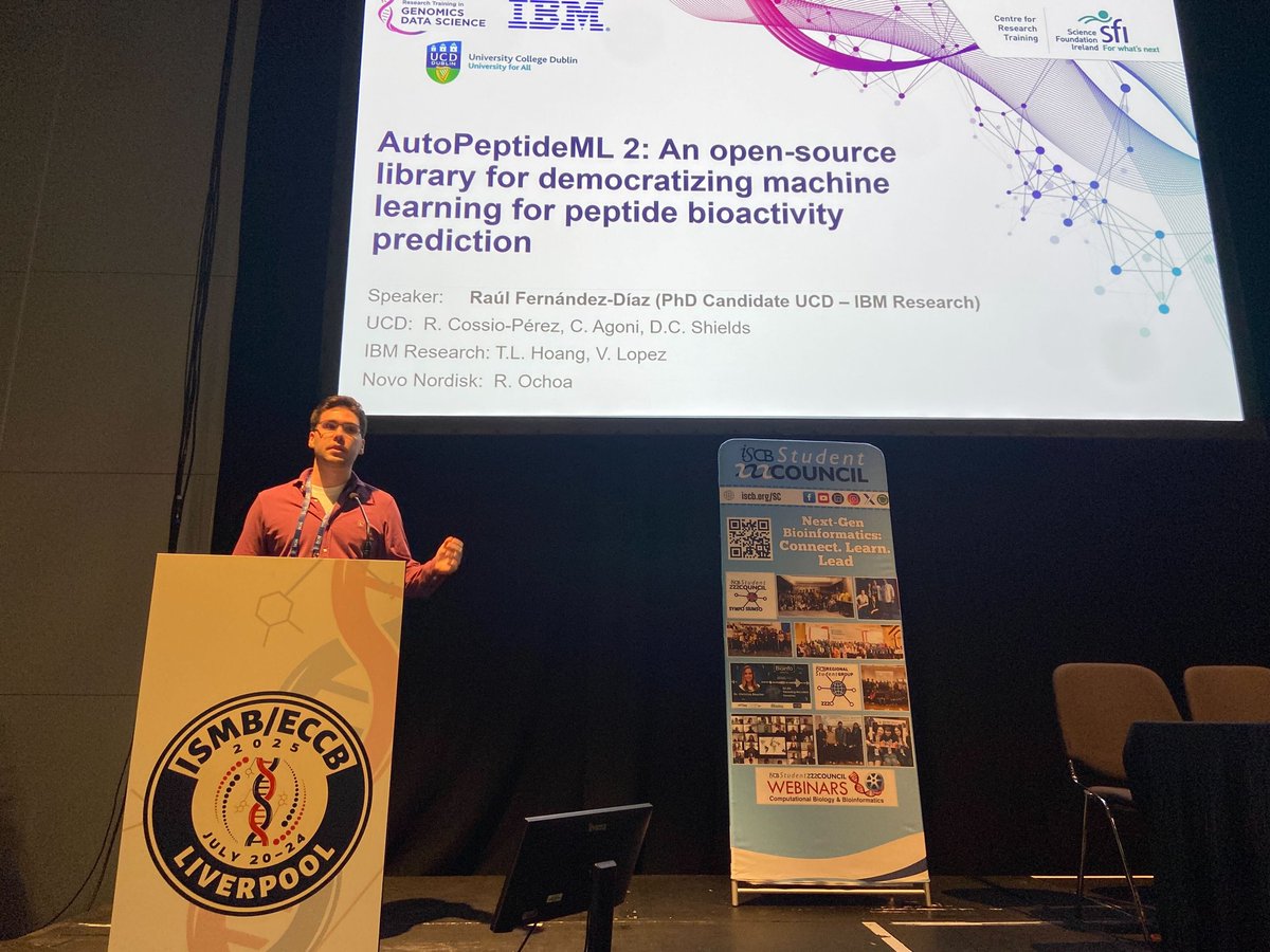 iscb_scs's tweet image. Thanks to Raül Fernández-Díaz (PhD Candidate, UCD–IBM Research) for presenting his work at #SCS2025, on developing of an open-source library, ⭐ AutoPeptideML 2,that marks a significant stride in accessible genomics and peptide science 🙌🏻
#ISMB2025 #Genomics #MachineLearning