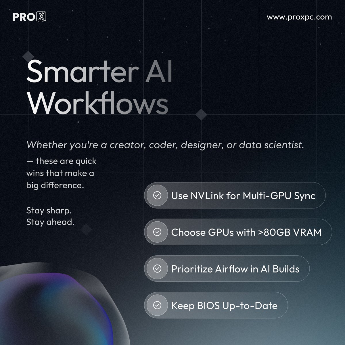 prox_pc's tweet image. Whether you’re building models, analyzing data, or designing tomorrow’s breakthroughs, small optimizations—from NVLink to better airflow—make a massive difference.

Stay ahead. Stay ProX.

#AIWorkstation #ProXPC #Innovation #DataScience