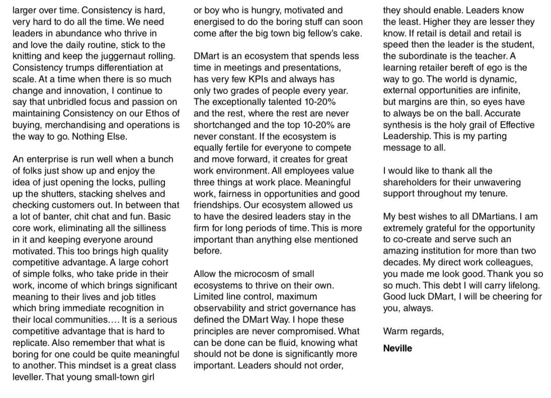 The beauty of boring! 

What a wonderful letter by Neville Noronha in DMart’s annual letter.  

Having had the pleasure of knowing him, I can vouch for everything he’s written and stands for. 

Among of the rarest of all business leaders we have :) 

Must read :)