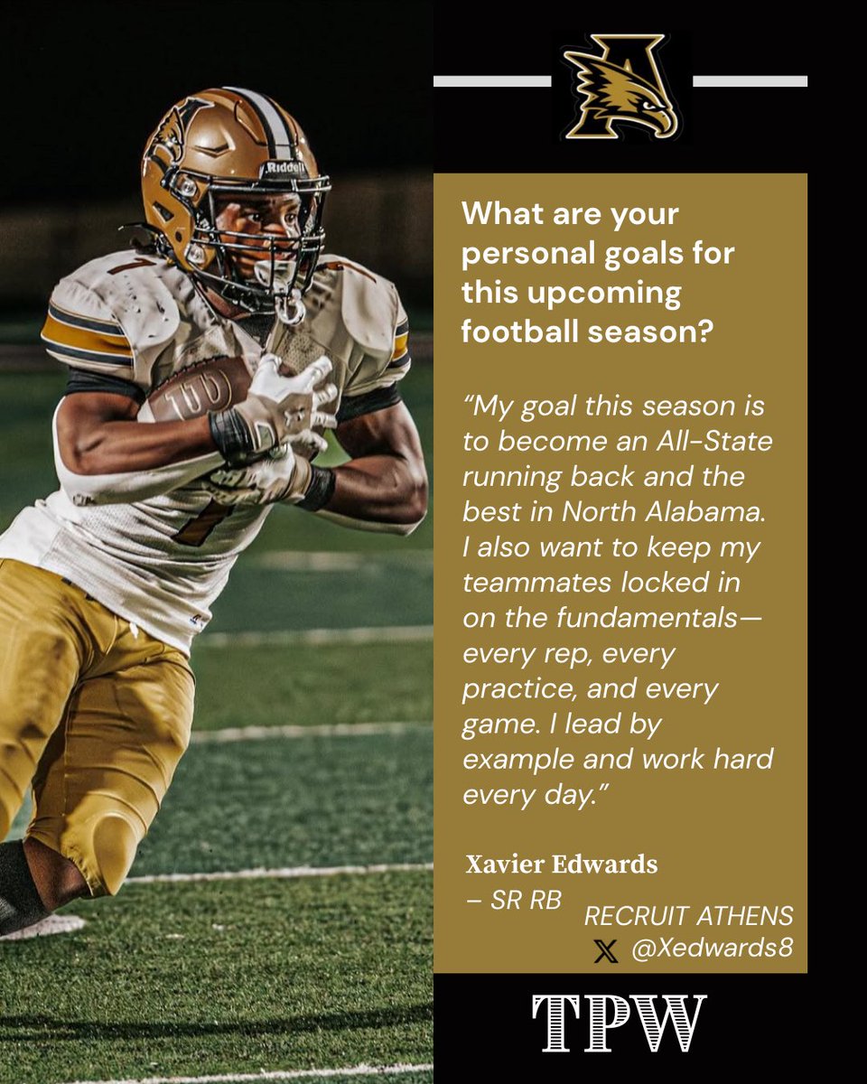RecruitAthens's tweet image. PLAYER SPOTLIGHT | #TPW
Meet Xavier Edwards — Senior RB for Athens 🦅
X wants to be known as one of Alabama’s top RBs, and help lead the Golden Eagles on a deep playoff run.
Follow him 👉 @Xedwards8
#AthensFootball #ToughPeopleWin #RecruitAthens #GoldStandard