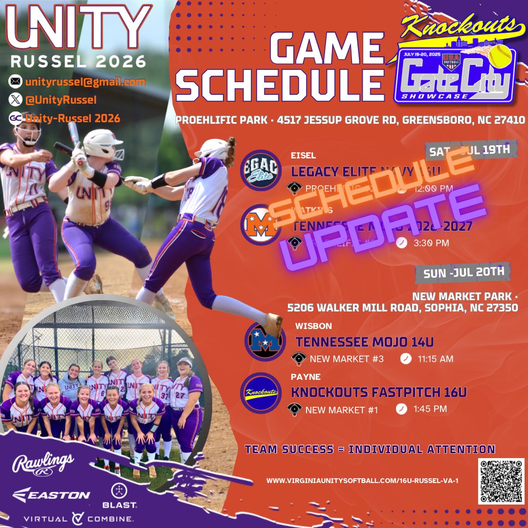 ***Attention ~ Schedule &amp; Park/Field Changes for Today***
Due to weather impacting the area, we are now playing @ 11:15am and 1:45pm today at New Market Park located at 5206 Walker Mill Road, Sophia, NC 27350. Games will be altered some to make sure we get everything in but we