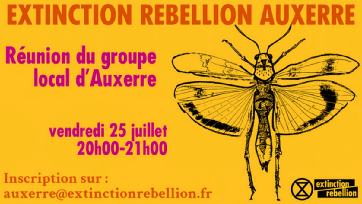 Vendredi 25 📆

⏳ 20h, réunion mensuelle du groupe de #Auxerre / <a href="/XRAuxerre/">Extinction Rebellion Auxerre</a>  👉 xrb.link/F8vKi5eia2