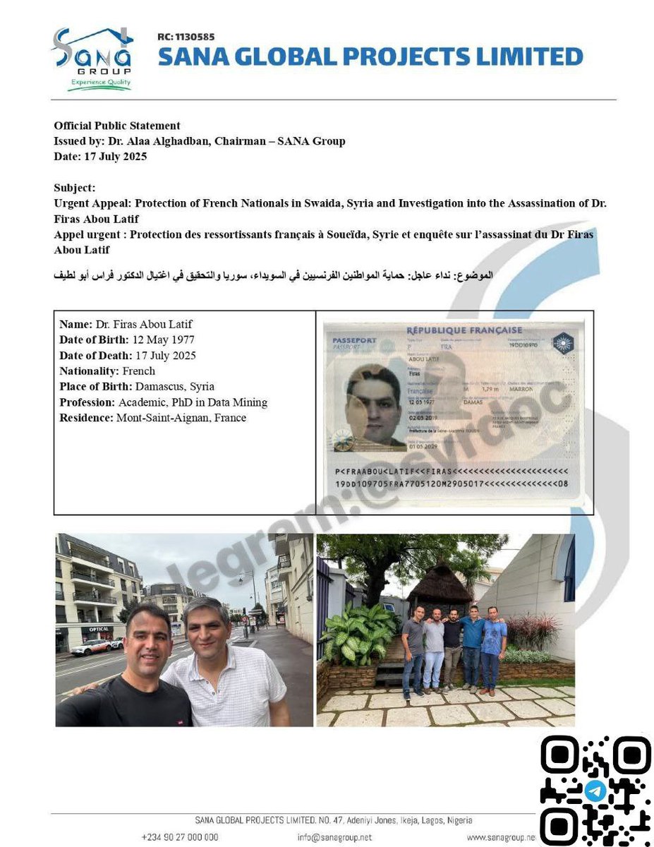 fadidahouk's tweet image. Le corps de Firas Abou Latif, universitaire franco-syrien, a été retrouvé assassiné et brûlé à l’intérieur de son domicile dans la ville de #Soueïda, après que des hommes armés, identifiés comme affiliés au gouvernement syrien selon le témoignage de l’un de ses amis, ont pris…