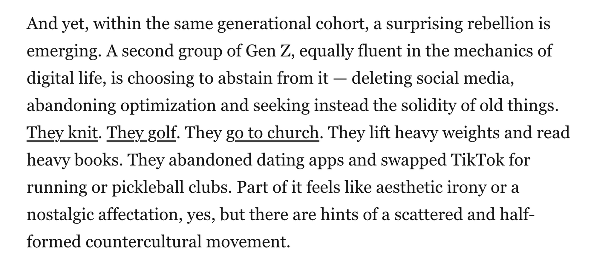 JonHaidt's tweet image. An encouraging sign: I'm hearing more and more about Gen Z "rebels" who refuse to get sucked into the social media lifestyle. They choose to do hard things and analog things.
washingtonpost.com/opinions/2025/…