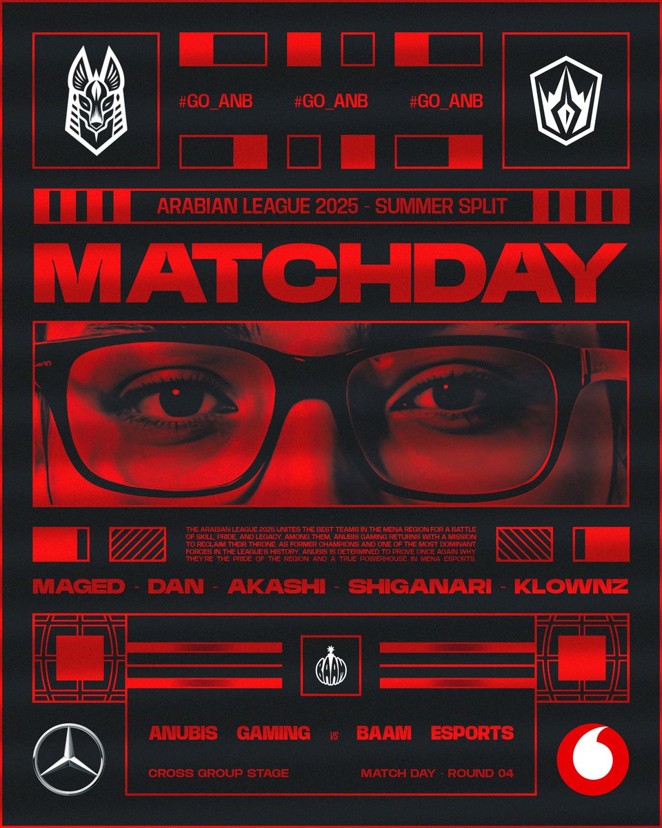 MATCH DAY 🔥

⚔ BAAM Esports 
⏰ 7:00 PM
🏆 Arabian League | Group Stage
📺 lolarabia

<a href="/VodafoneEgypt/">Vodafone Egypt</a>
<a href="/mercedesbenzeg/">Mercedes-Benz EG</a>

#GO_ANB I #ALIP25