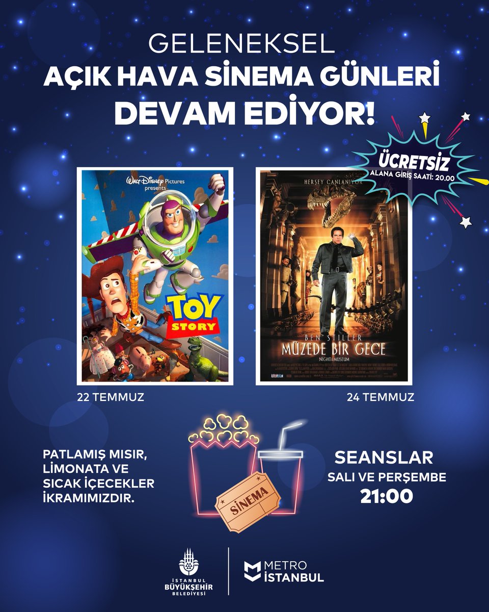 Sinemaseverler, Açık Hava Sinema Günleri’nde buluşuyor!

Bu hafta 7’den 70’e herkesin keyifle seyredeceği iki film gösterimi var; 

🎬 
22 Temmuz Salı, Oyuncak Hikayesi
24 Temmuz Perşembe, Müzede Bir Gece 
📍 Metro İstanbul Esenler Yerleşkesi
🕘 21:00*
🍿 Patlamış mısır, limonata
