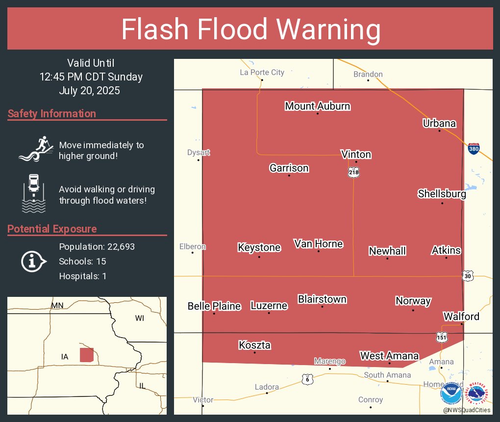 NWSQuadCities's tweet image. Flash Flood Warning including Vinton IA, Belle Plaine IA and Atkins IA until 12:45 PM CDT