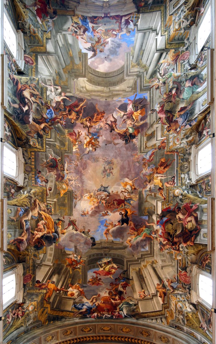 WorldScholar_'s tweet image. Andrea Pozzo's ceiling is one of the greatest optical illusions in Rome.
It looks like there's multiple layers but this is all painted on a flat canvas.