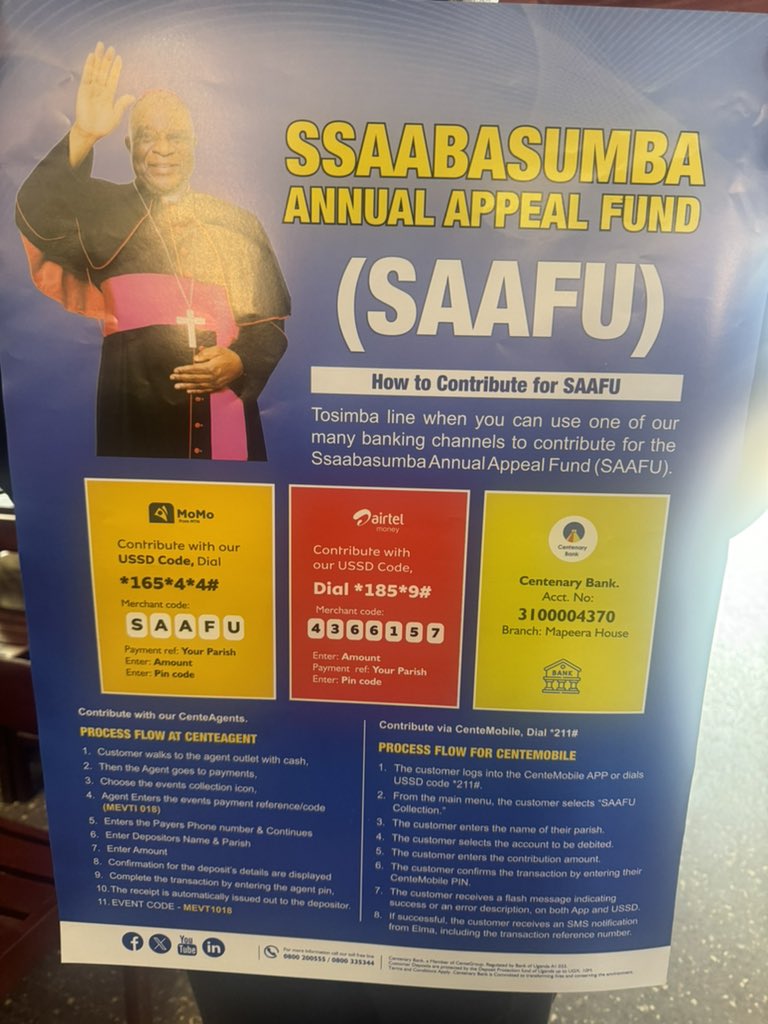 SimonKaggwaNjal's tweet photo. Yesterday at Namugongo Basilica while launching SAAFU 2025 collection drive for Wakiso Vicariate, Archbishop Paul Ssemogerere vouched for digital deepening of all church initiatives. I’ve just made contribution via @CentenaryBank’s #CenteMobile in the comfort of my seat. Amazing experience. This SAAFU concept, once popularized, will be a game changer in the way the church raises money for projects. Imagine, now the Archbishop is only asking for at least shs10k from each individual to do church projects! You’ll see the power of numbers.