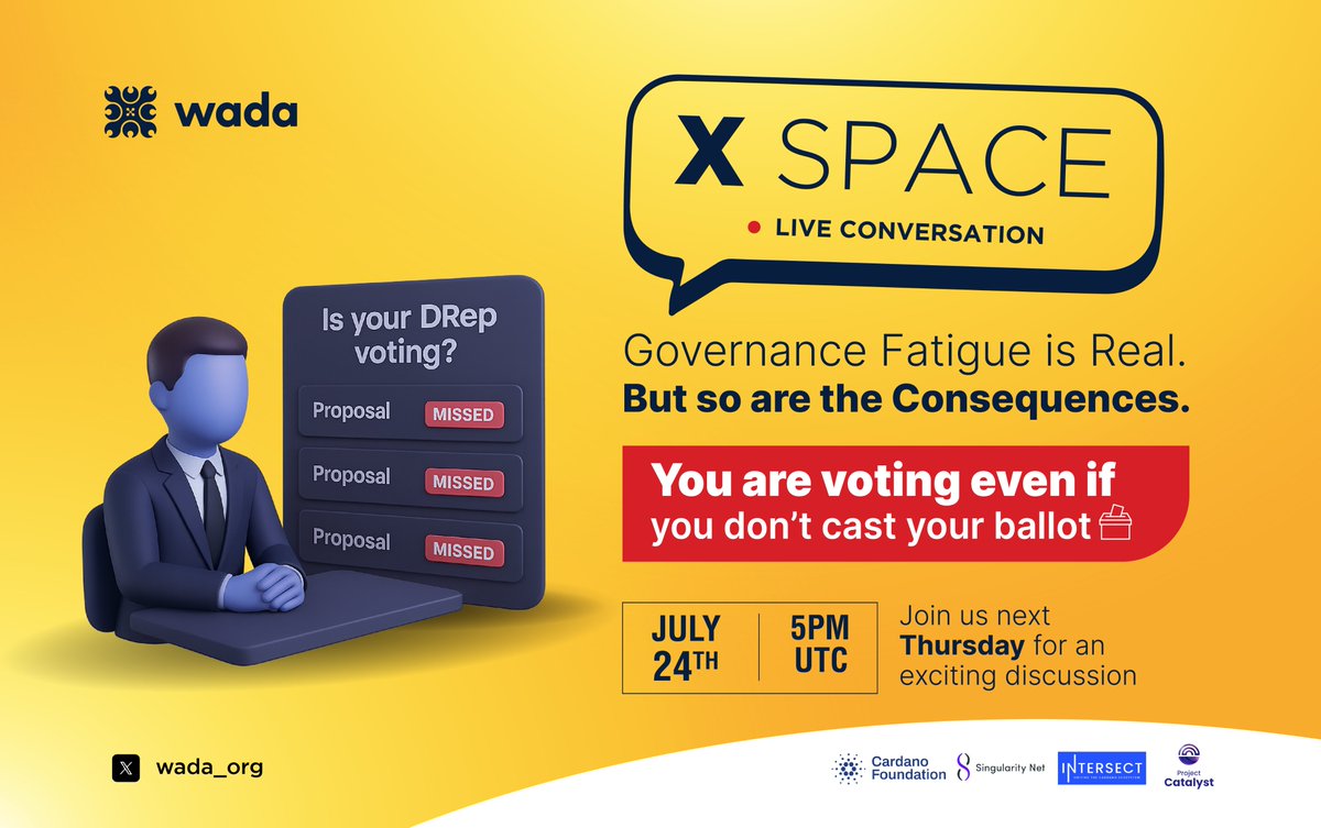 🏛️ Governance Fatigue Is Real. But So Are the Consequences.
Is your DRep still showing up?

🗳️ The 39 Treasury Withdrawal Governance Actions are live on chain! --&gt; Let's unpack the importance of effective voting.

Join us on Thursday: x.com/i/spaces/1yNxa…