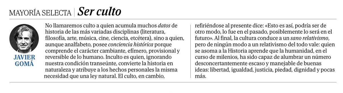 ¿Te consideras culto? Antes de responder que sí o que no, lee aquí la definición de qué es ser culto. 

“Mayoría selecta” del domingo, 20 de julio. 

elmundo.es/opinion/column…