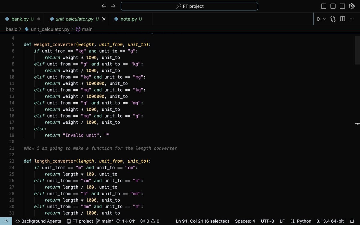 ishit_chaudhari's tweet image. Just coded a small unit converter tool in Python! 🧪📏
It handles:
✅ Weight
✅ Length
✅ Temperature
✅ Volume
Fun way to practice real-world coding logic! 💻
Next step: Building a GUI version with Tkinter 😎
#Python #BeginnerDev #StudentCoder