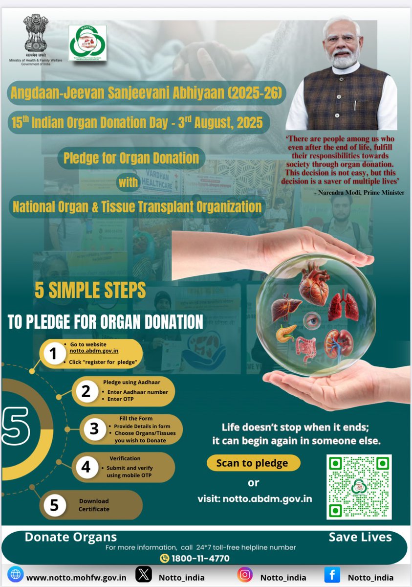 NOTTO calls to register your pledge to donate organs during Organ Donation Month July 2025 under
National campaign “Angdaan – Jeevan Sanjeevani Abhiyaan”. 

All are requested to spread awareness and encourage their family members, relatives and friends in this regard.