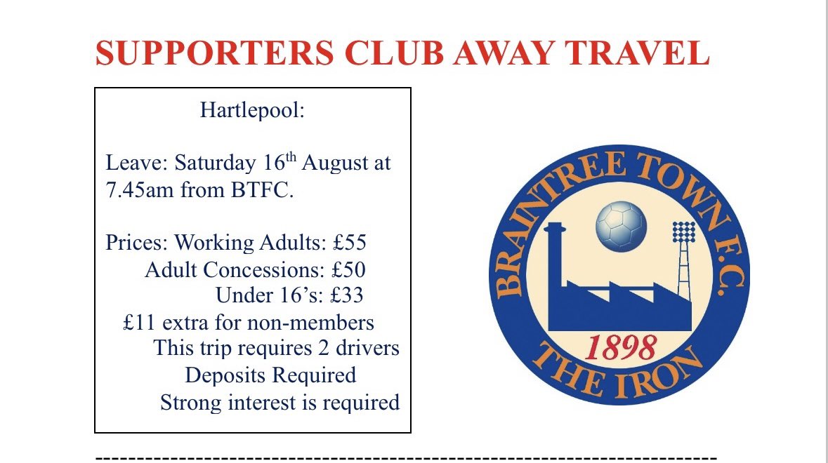 btfcisc1898's tweet image. 📣AWAY TRAVEL 

Join us on the road and support the Iron for the first time in 25/26! 
Secure your spot on the coach for our first away game! 

📍 Hartlepool United vs The Iron 
📅 16/08/25
⏰ Departing: 07.45 
🎟️ Limited seats – Book now!

#ironarmy @braintreetownfc