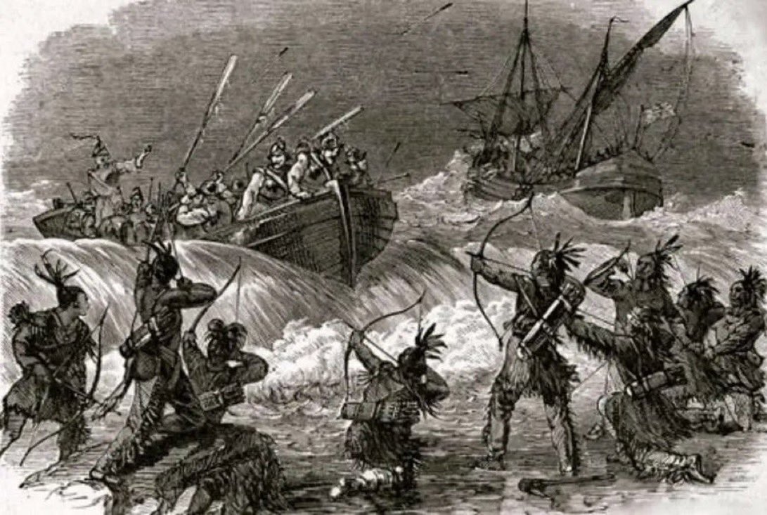 OTDRhodeIsland's tweet image. #OTD July 20, 1636, off the coast of Manisses ("Block Island"), Narragansett, Eastern Niantic, and Manissean men killed English trader John Oldham (his head 'cleft to the brains') & took control of his ship. Many consider this event caused the Pequot War. #OnThisDay #RhodeIsland