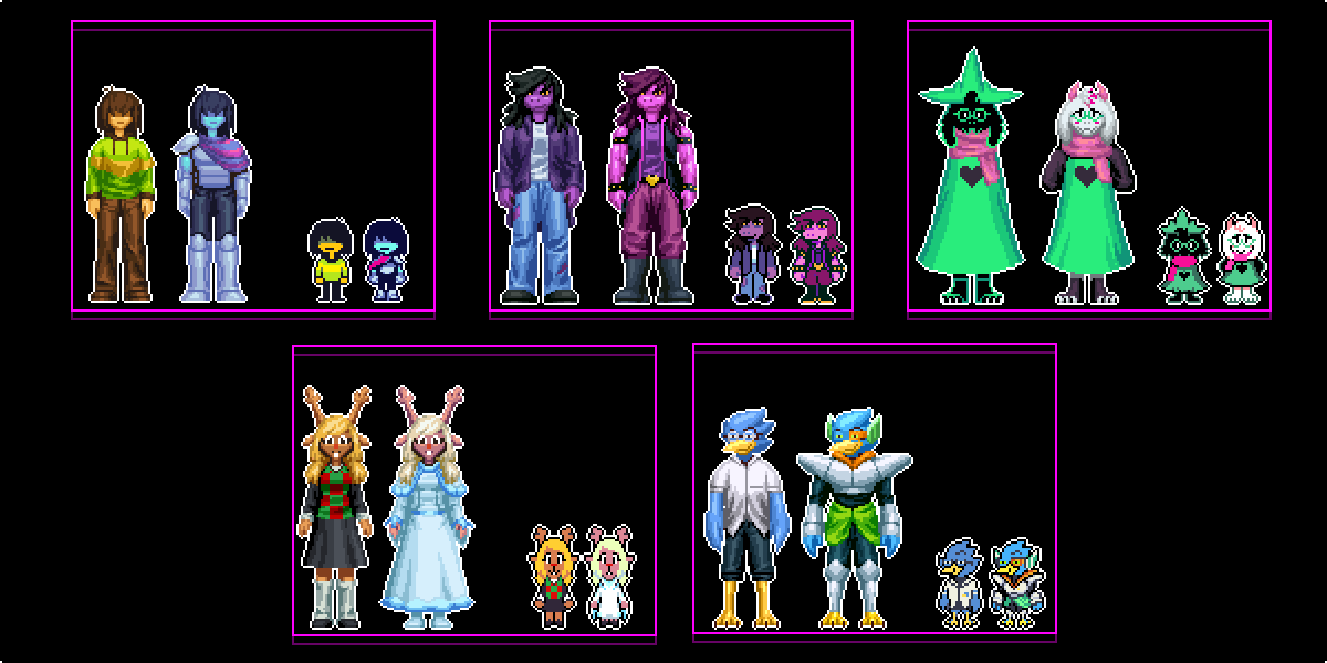 1/2, I've always tackled deltarune stuff in it's OG pixel style but I always wondered what they'd look like if I made them from the ground up. 
I tweaked ralsei and noelle's design abit to make them more like <a href="/PSIBunny/">PSIBunny ! Looking for Work !</a> 's version. 
#deltarune #pixelart #tobyfox