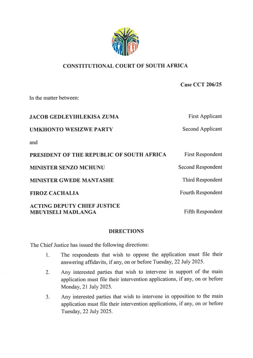 ConCourtSA's tweet image. (1/1) CCT 206/25 Jacob Gedleyihlekisa Zuma v President of the Republic of South Africa: Notice is hereby given that the Chief Justice has issued the following directions—