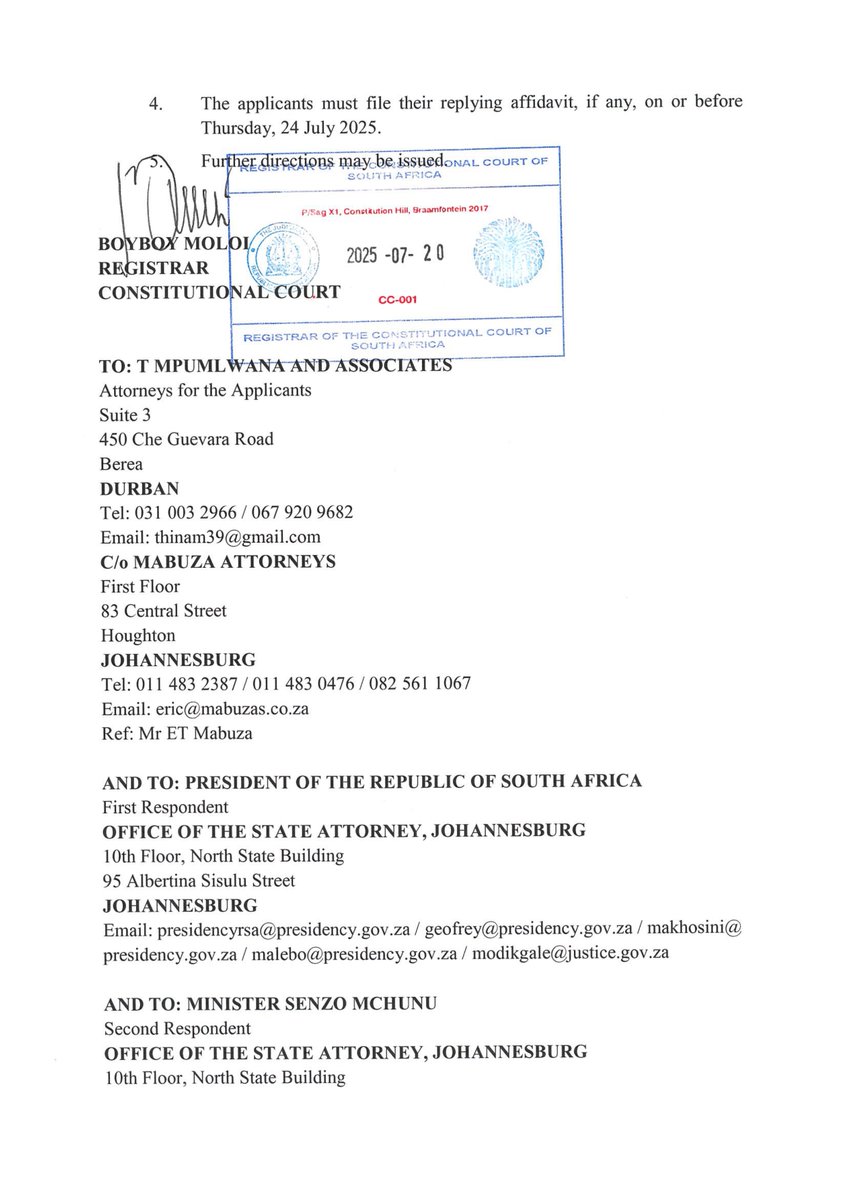 ConCourtSA's tweet image. (1/1) CCT 206/25 Jacob Gedleyihlekisa Zuma v President of the Republic of South Africa: Notice is hereby given that the Chief Justice has issued the following directions—