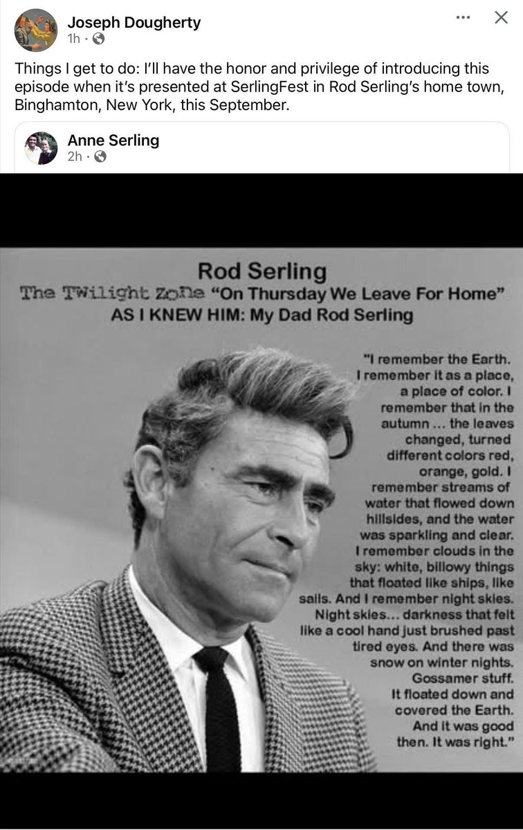RodSerlingFndtn's tweet image. One of the many events scheduled for this year’s SerlingFest is a presentation from Emmy Award winner, Joseph Dougherty, followed by a screening of maybe the finest Season Four Twilight Zone episode, “On Thursday We Leave for Home.” Tickets at rodserling.com!