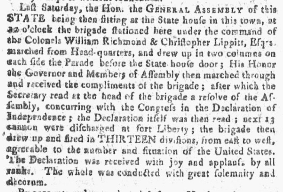OTDRhodeIsland's tweet image. #OTD July 20, 1776, the Continental Congress' Declaration of Independence was read by 19-year-old Newport resident John Handy on the steps of the Old Colony House. Thirteen cannons were discharged at Fort Liberty, & a military brigade fired in thirteen divisions, east to west.