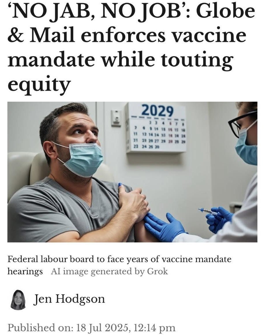 🚨 GLOBE &amp; MAIL MANDATES VACCINES, THREATENS JOBS in Toronto, Canada! 

Their draconian "no jab, no job" policy, effective October 2025, forces all employees to be vaccinated or face termination, despite their public stance on "equity, diversity, and inclusion."  

The Western