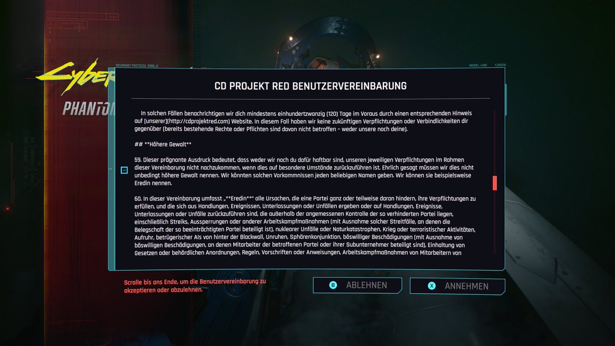 TRettsch's tweet image. Hat sich einer eigentlich die Benutzervereinbarung von @CDPROJEKTRED durchgelesen, als ihr #Cyberpunk2077 nach dem Update 2.3 gestartet habt? 

Nicht mal die ist einfach nur 08/15 sondern mit ihrem Humor und eigenem Touch erstellt und ich musste echt bei vielen Punkten lachen🤣