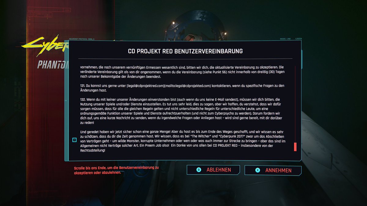TRettsch's tweet image. Hat sich einer eigentlich die Benutzervereinbarung von @CDPROJEKTRED durchgelesen, als ihr #Cyberpunk2077 nach dem Update 2.3 gestartet habt? 

Nicht mal die ist einfach nur 08/15 sondern mit ihrem Humor und eigenem Touch erstellt und ich musste echt bei vielen Punkten lachen🤣