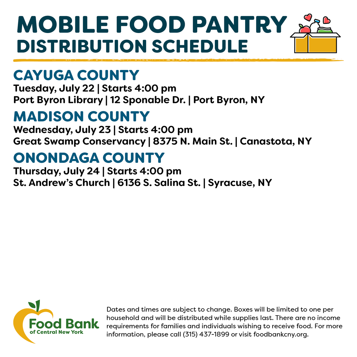 FoodBankofCNY's tweet photo. Here is this week's no-cost distribution schedule:
๐ Mobile Food Pantry #PortByron, #Canastota, & #Syracuse
๐ Partner Distributions: #Fulton, #Vienna / #NorthBay, #Vernon, #Bridgeport & #SouthJefferson / #Adams
Food Finder: https://t.co/vZGHeanRyO https://t.co/lOC6pzzBEd
