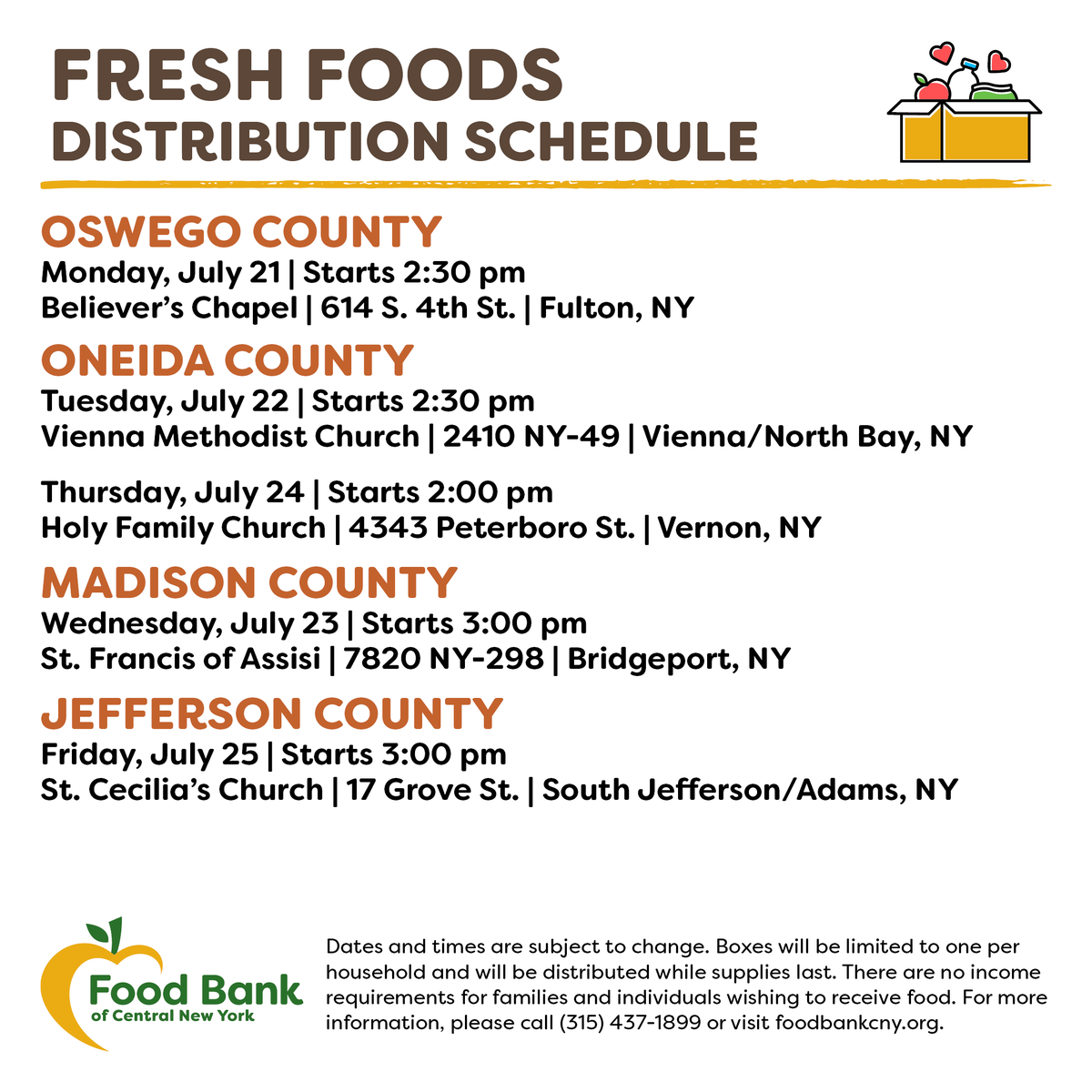 FoodBankofCNY's tweet photo. Here is this week's no-cost distribution schedule:
๐ Mobile Food Pantry #PortByron, #Canastota, & #Syracuse
๐ Partner Distributions: #Fulton, #Vienna / #NorthBay, #Vernon, #Bridgeport & #SouthJefferson / #Adams
Food Finder: https://t.co/vZGHeanRyO https://t.co/lOC6pzzBEd