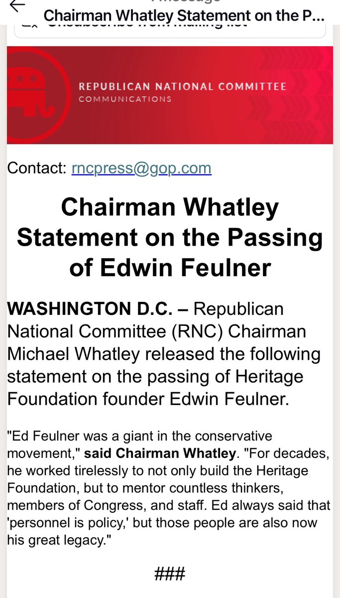 susancrabtree's tweet image. Republican National Committee Chairman Whatley honors the passing of Ed Feulner, longtime president of the @Heritage Foundation.