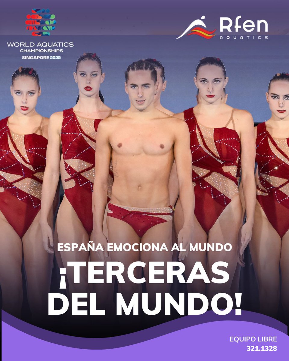 🥉 ¡La selección española de natación artística vuelve a emocionar al mundo!

Nuestro equipo ha conquistado el BRONCE MUNDIAL en la final de Equipo Libre en el Mundial, firmando una actuación brillante, llena de fuerza, sincronización y emoción...

👏¡Enhorabuena, equipo!