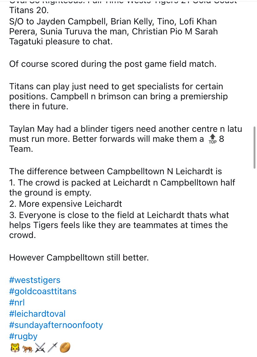 SinghZeldon's tweet image. Sunday Arvo Footy At Leichardt Oval So Righteous.FT Wests Tigers 21 Beat Gold Coast Titans 20. S/O Jayden Campbell, Brian Kelly, Tino, Lofi Khan Perera, Sunia Turuva the man,Christian Pio N Sarah Tagatuki 🆒 chat. 
#zeldonsingh 
#zee
#weststigers
#goldcoasttitans
#nrl
🐯🐅⚔️🗡️🏉