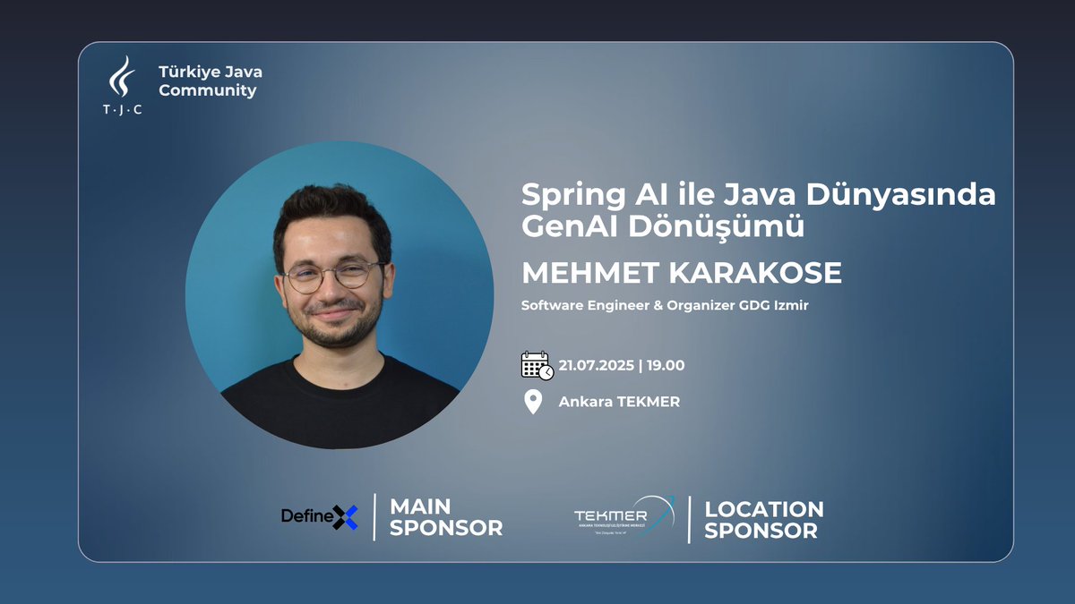 Türkiye Java Community (@turkiyejavacom) on Twitter photo Herkese Selamlar , Temmuz ayının Ankara fiziksel etkinliği ile sizlerleyiz🥳
🎙️Mehmet Karakose (<a href="/mhtkarakose/">Mehmet Karakose</a>)
💬 Spring AI ile Java Dünyasında GenAI Dönüşümü
📍 Ankara TEKMER (<a href="/AnkaraTekmer/">Ankara TEKMER</a> )
📅 21 Temmuz 2025 | 🕓 19.00 Herkese Selamlar , Temmuz ayının Ankara fiziksel etkinliği ile sizlerleyiz🥳
🎙️Mehmet Karakose (<a href="/mhtkarakose/">Mehmet Karakose</a>)
💬 Spring AI ile Java Dünyasında GenAI Dönüşümü
📍 Ankara TEKMER (<a href="/AnkaraTekmer/">Ankara TEKMER</a> )
📅 21 Temmuz 2025 | 🕓 19.00