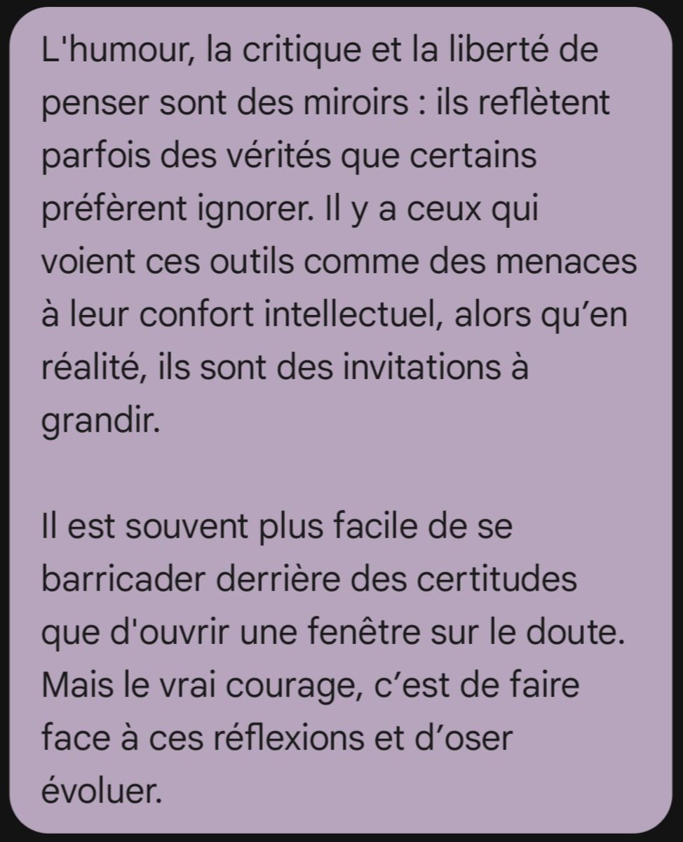 <a href="/EspoirDzz/">Adelaxia</a> Certains n'acceptent pas la critique, la liberté ou même l'humour.
Ça risquerait de les faire réfléchir et leurs faire comprendre qu'ils ont tort.