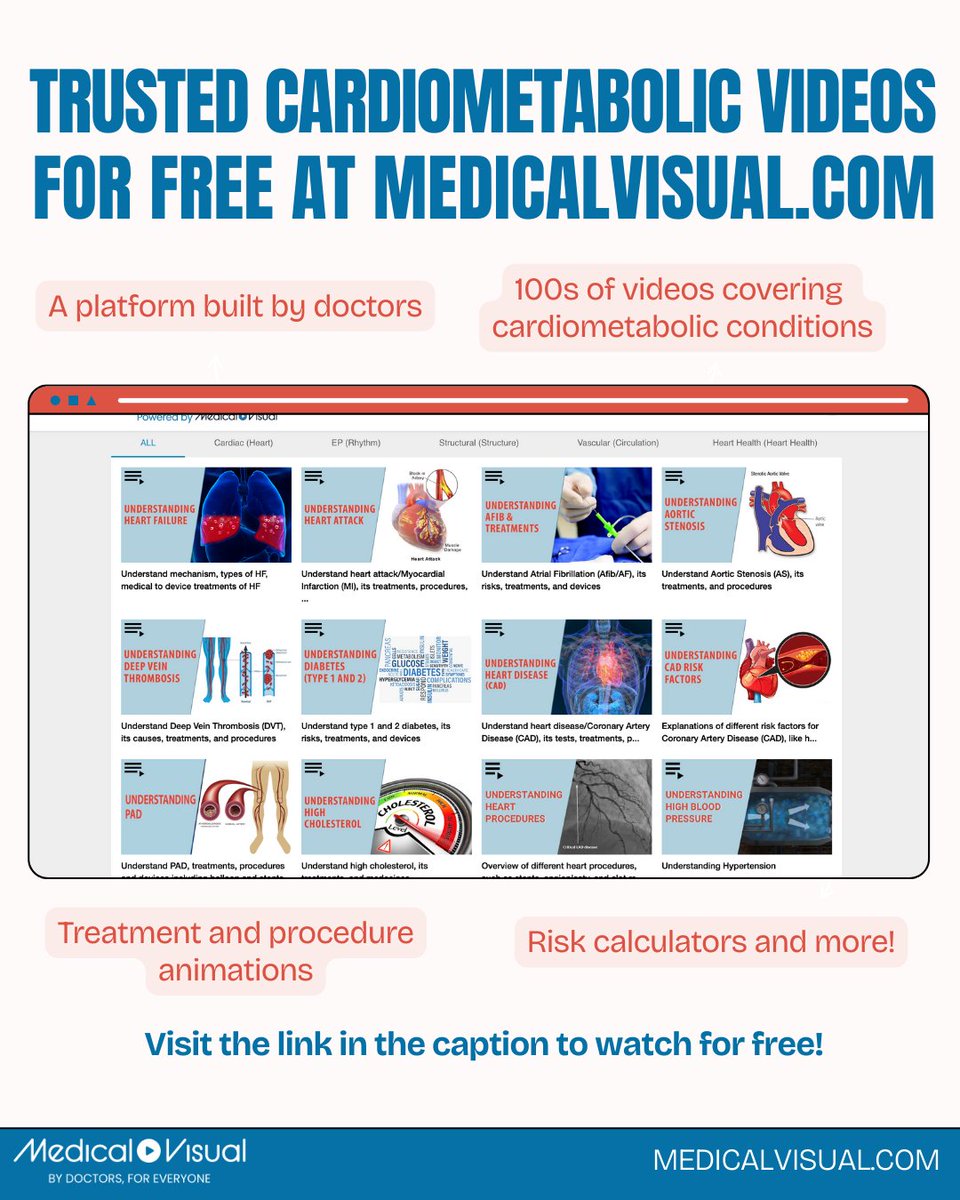 CardioVisualApp's tweet image. Need high-quality cardiometabolic videos to share with your patients?
MedicalVisual offers 100s of free videos covering heart & metabolic conditions, treatments, and procedures.
Watch now: heart.medicalvisual.com/learningtracks
#CardiometabolicHealth #MedicalEducation #Cardiology