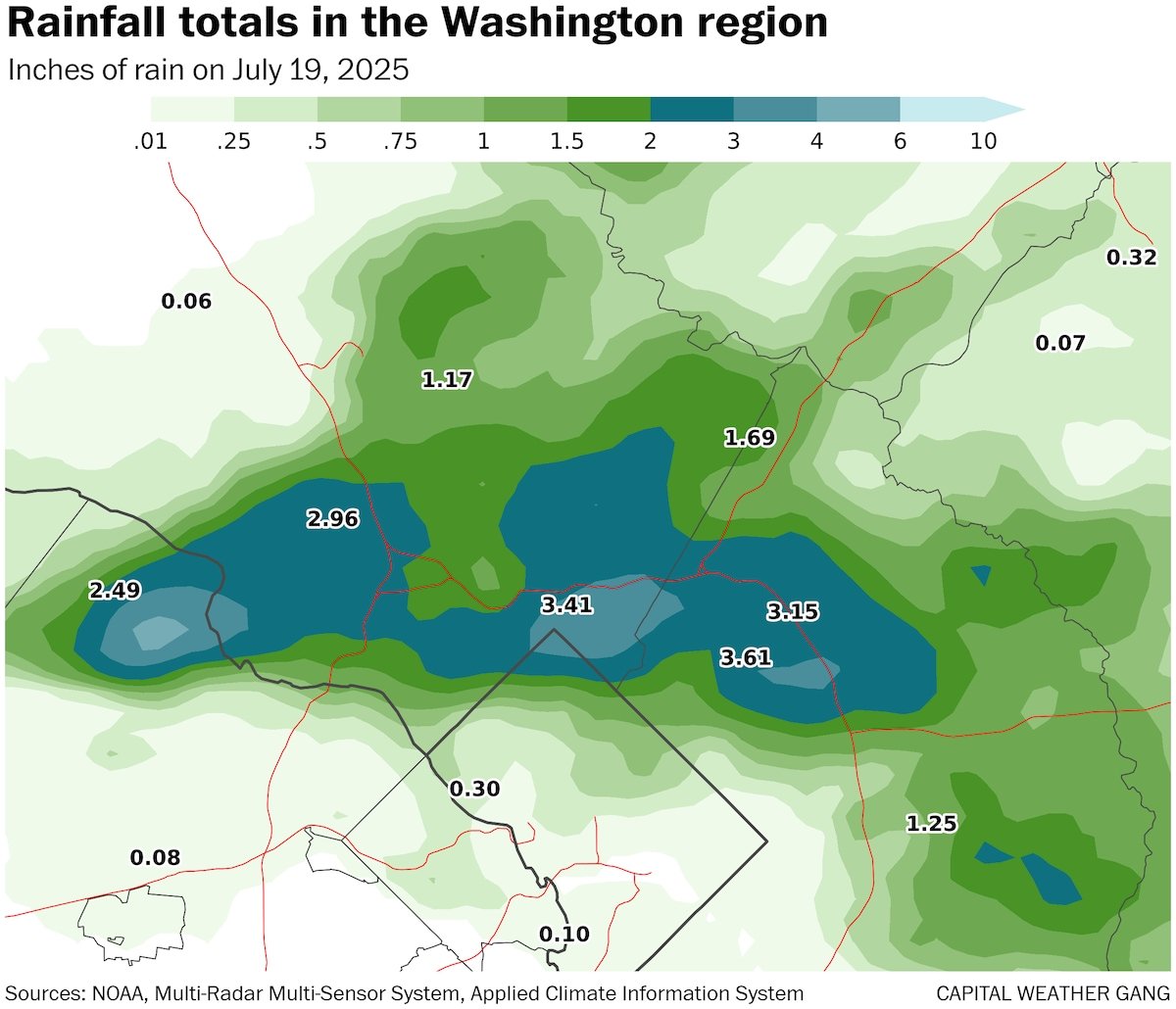 capitalweather's tweet image. Last night’s rains were staggering in the northern D.C. area:
🌧️ Up to 5.5" in Great Falls & Silver Spring
🌊 Sligo Creek rose 10 feet in 30 minutes
🚨 Dozens of water rescues
⚡ Fueled by near-record moisture
Our full recap: washingtonpost.com/weather/2025/0…