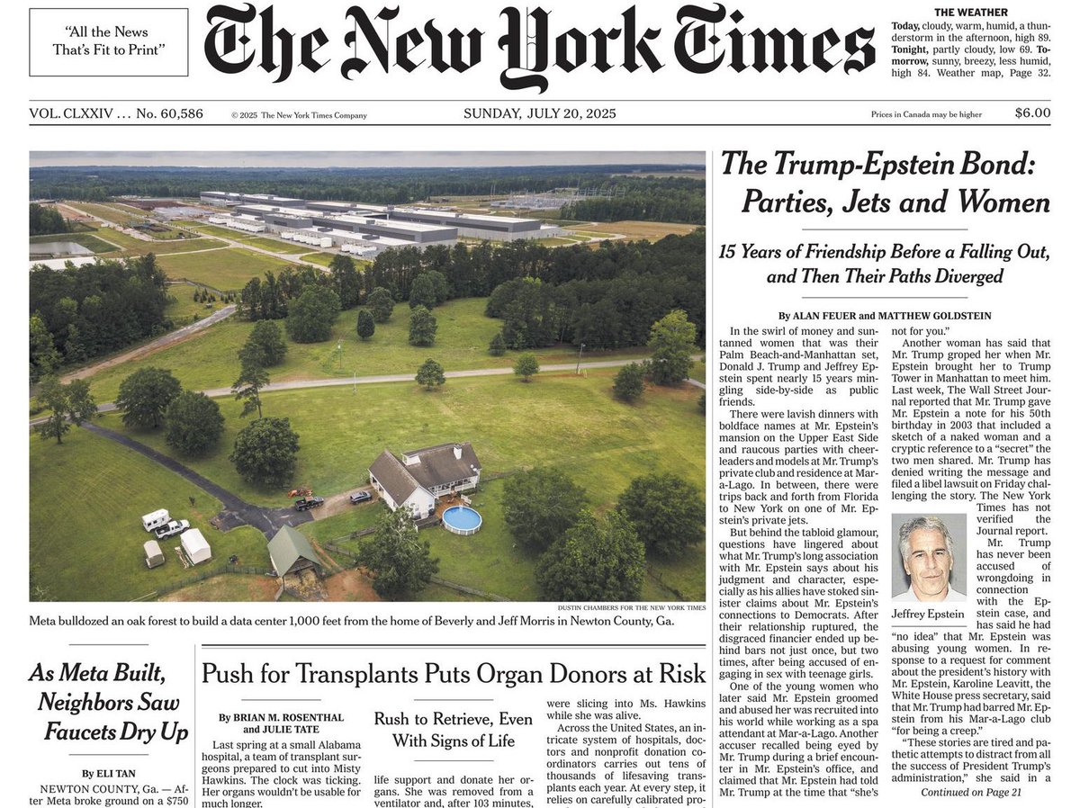 jason_kint's tweet image. It’s a phenomenal A1 by the way. Layout says it all with the house next to the Facebook data center. And the Epstein - Trump report putting it all together.
