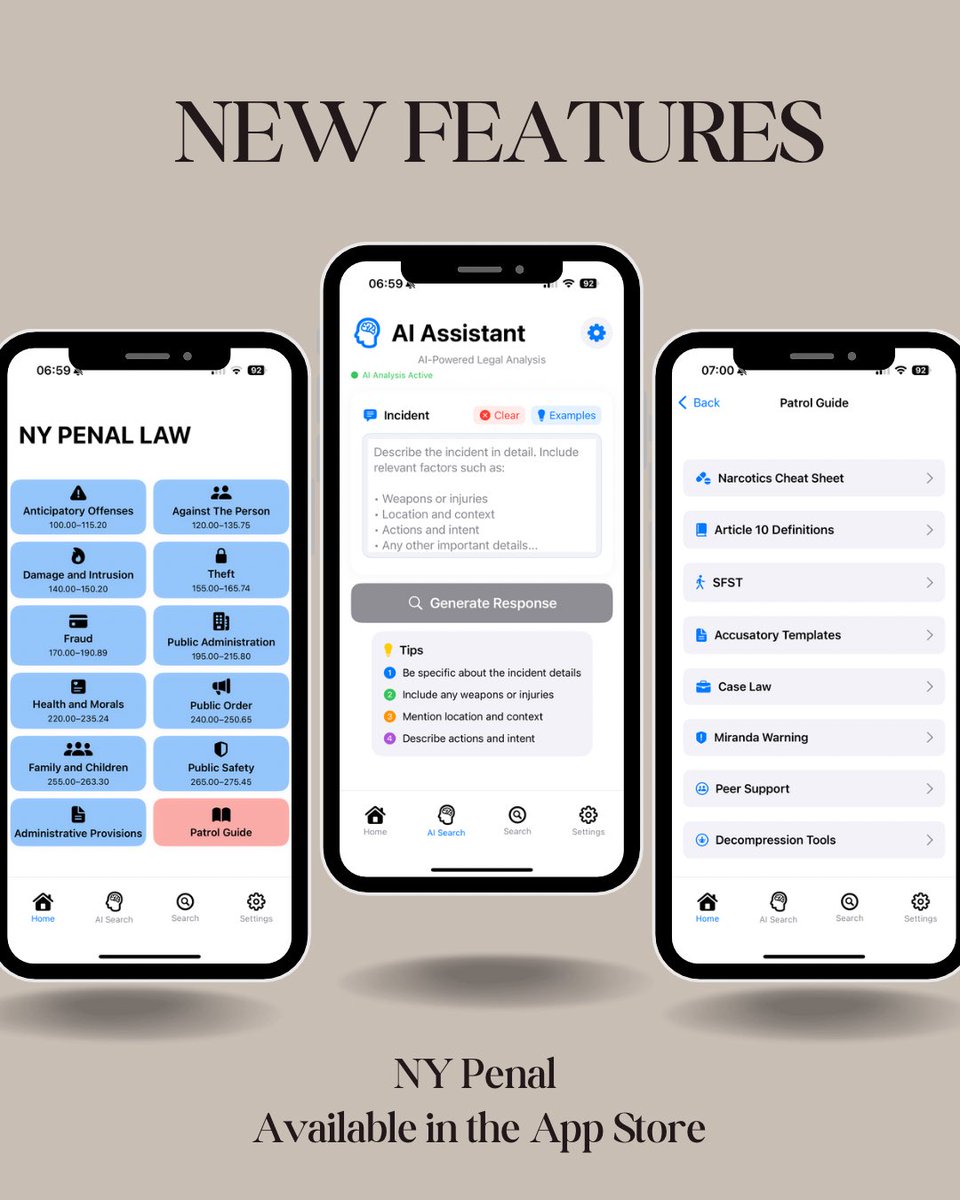 cmt_digital3's tweet image. The NY Penal app now includes a powerful AI Assistant to help you analyze incidents and identify potential legal violations instantly.

Explore the latest updates:
• Full Penal Law reference
• Patrol Guide with cheat sheets, templates &amp;amp; more
• Case law access
• Officer…